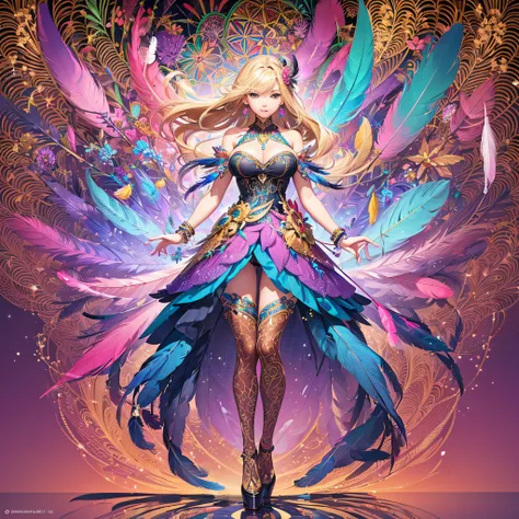 girl with, Big breasts, Bare shoulders, Blonde hair, colorful feather, metal ornaments, Colorful flowers, Particle, light, (masutepiece, of the highest quality, Best Quality, Official art, Beautiful and aesthetic:1.2), (1girl in:1.3), Extremely detailed, (...