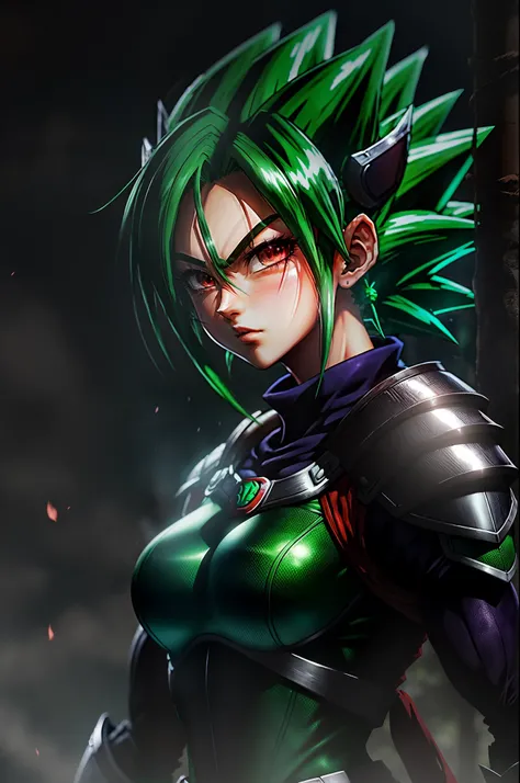 Saiyan
Female
Green skin
Slender build
Shoulder-length green hair
Kind, gentle expression
Warm and empathetic eyes
Saiyan armor
Peaceful aura
Tenderness