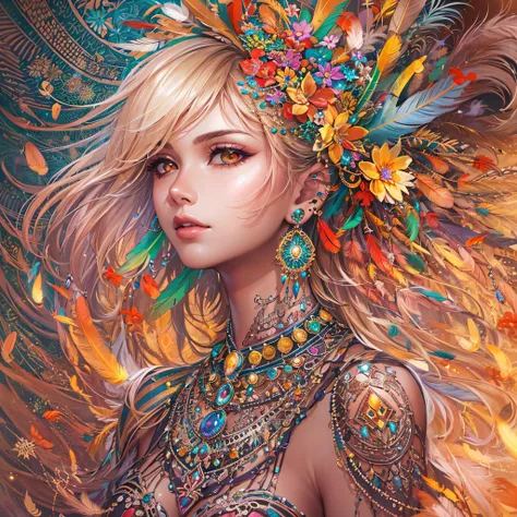 girl with, Big breasts, Bare shoulders, Blonde hair, colorful feather, metal ornaments, Colorful flowers, Particle, light, (masutepiece, of the highest quality, Best Quality, Official art, Beautiful and aesthetic:1.2), (1girl in:1.3), Extremely detailed, (...