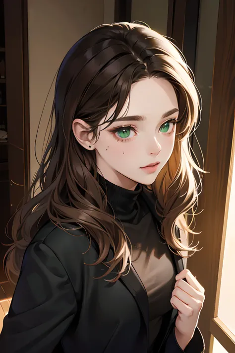 a digital painting of a woman in her mid twenties, medium wavy brown hair, green eyes, petite , soft features , inside a house ,wearing a black blazer with a turtleneck dress under it, 1girl, modern clothes, beauty mark under her right eye,