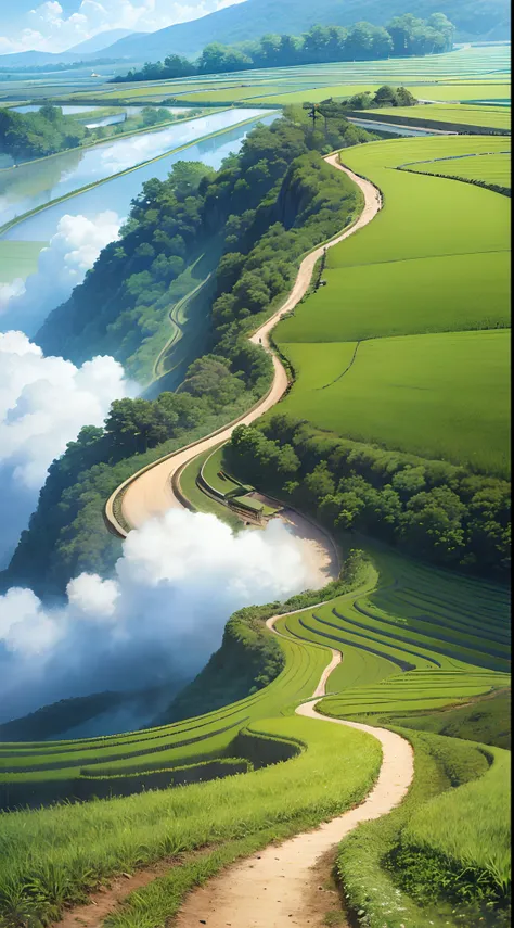 An old farmer carrying a flat burden, walking on the winding path of the countryside, big clouds, blue sky, rice fields, neat rice seedlings in the field, forest, hillside, secluded, countryside, HD detail, hyper-detail, cinematic, surrealism, soft light, ...