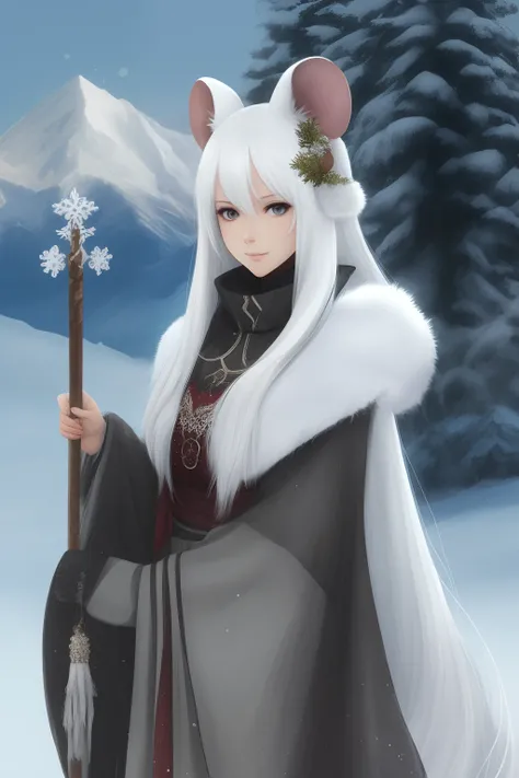 Anime, Mouse ears, mouse tale, woman, mature, winter, winter cloths, mountain, white long hair, druid, staff