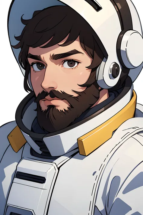 handsome and asethetic, masterpiece, white background, plain background, best quality, drawing of a of a close portrait, man in a retro spacesuit with reflective helmet, covered face. brown eyes, beard