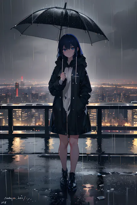 (Best quality,4K,8K,A high resolution,Masterpiece:1.2),Ultra-detailed,(Realistic,Photorealistic,photo-realistic:1.37),Night City,rainfall,Girls in action,wind coat,Overhead hood,Hands in pockets,luminous neon lights,view over city,Street reflection,Wet pav...