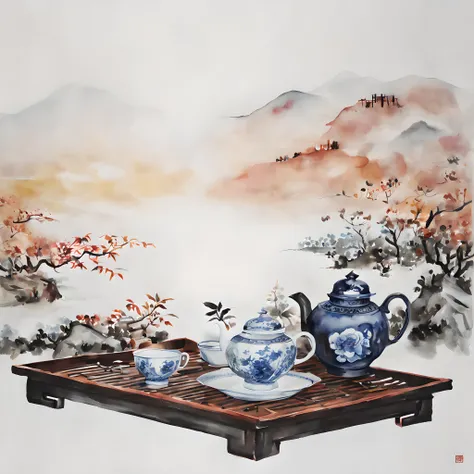 (hot Tea:1.5), (ink and watercolor painting:1.5), (Tasteful:1.5), (ink and watercolor painting:1.5), (full color:1.5), 8k, 4k, (landscapes:1.5), (tea time:1.5),(chinese tea:1.5),(Tea utensils:1.5),(White porcelain:1.5),