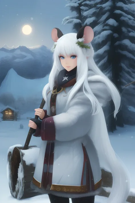 Anime, Mouse ears, mouse tale, woman, mature, Winter, snow, ice, winter cloths, white long hair,  Magic, Druid, staff, mountain, forest, gathering, log cabin