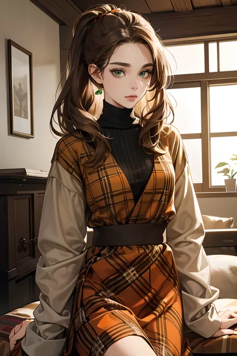 a digital painting of a woman in her mid twenties, medium wavy brown hair, green eyes, petite , soft features , inside a house , wearing a gray turtle neck with a orange and brown plaid skirt, hair tied partly back, in a living room, beautiful eyes , sharp...