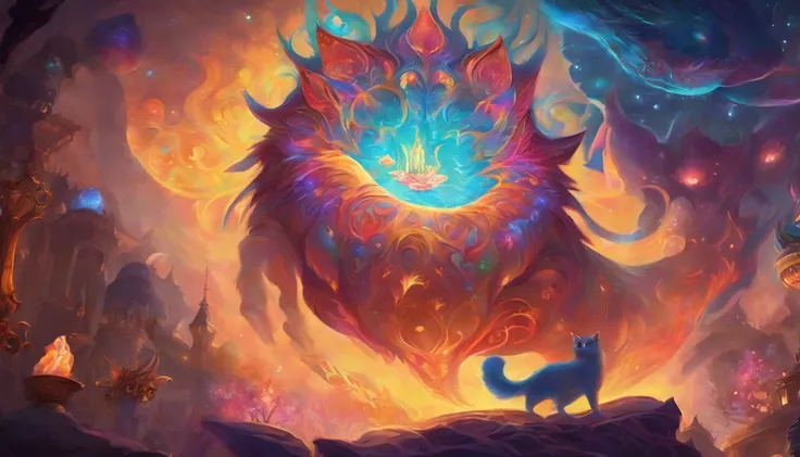 Fat Psychedelic cat, representation of mania, Vomiting crazed souls, glowing souls, gothic chesire