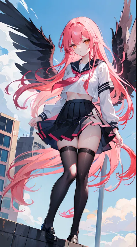 Pink Long Hair，dishiveredhair，orange eyes，Sailor uniform uniform school uniform，black lence stockings，Girls of medium stature，Two large wings with black feathers spread，Stand on the school rooftop，Eye highlights，expressiveless，Indifferent eyes，The wings sp...