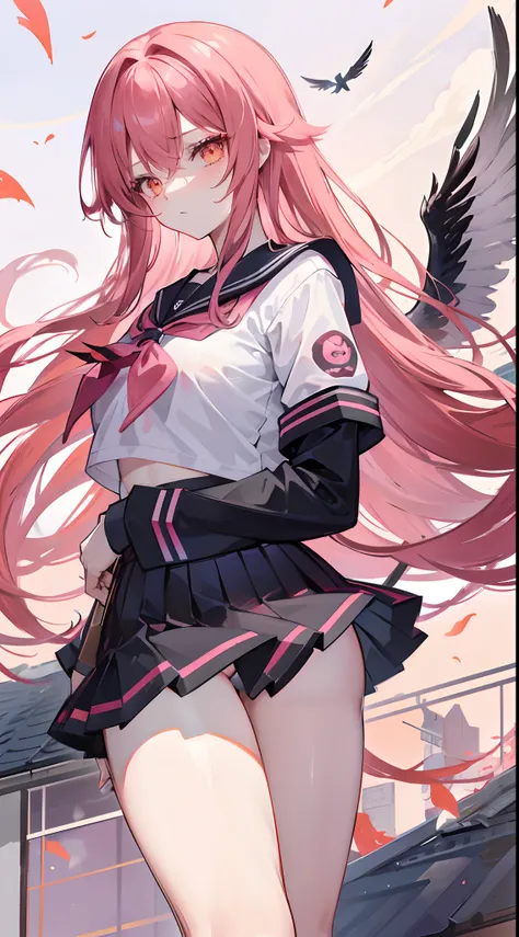 Pink Long Hair，dishiveredhair，orange eyes，Sailor uniform uniform school uniform，black lence stockings，Girls of medium stature，Two large wings with black feathers spread，Stand on the school rooftop，Eye highlights，expressiveless，Indifferent eyes，The wings sp...