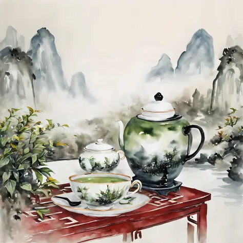 (hot green Tea:1.5), (ink and watercolor painting:1.5), (Tasteful:1.5), (ink and watercolor painting:1.5), (full color:1.5), 8k, 4k, (landscapes:1.5), (tea time:1.5),(chinese tea:1.5),(Tea utensils:1.5),(White porcelain:1.5),