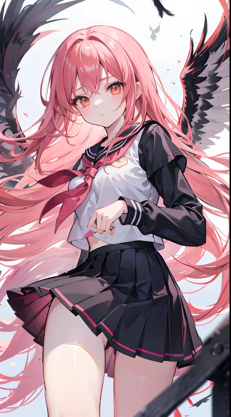 Pink Long Hair，dishiveredhair，orange eyes，Sailor uniform uniform school uniform，black lence stockings，Girls of medium stature，Two large wings with black feathers spread，Stand on the school rooftop，Eye highlights，expressiveless，Indifferent eyes，The wings sp...