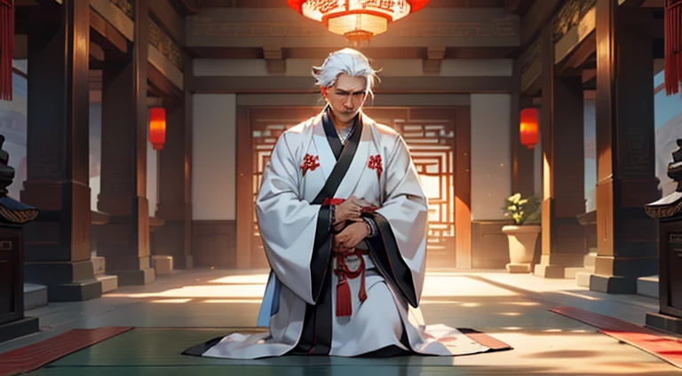 10, (1 person) The middle-aged man in black Hanfu attire, with white hair, middle-aged appearance, Black coat, black Hanfu attire, and white hair, Handsome, kneels on the ground, unsure of what to say. (Background: Inside the sacred and magnificent ancient...