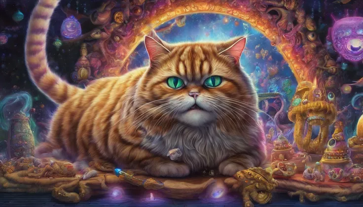 Fat Psychedelic cat, representation of mania, Vomiting crazed souls, glowing souls, gothic chesire