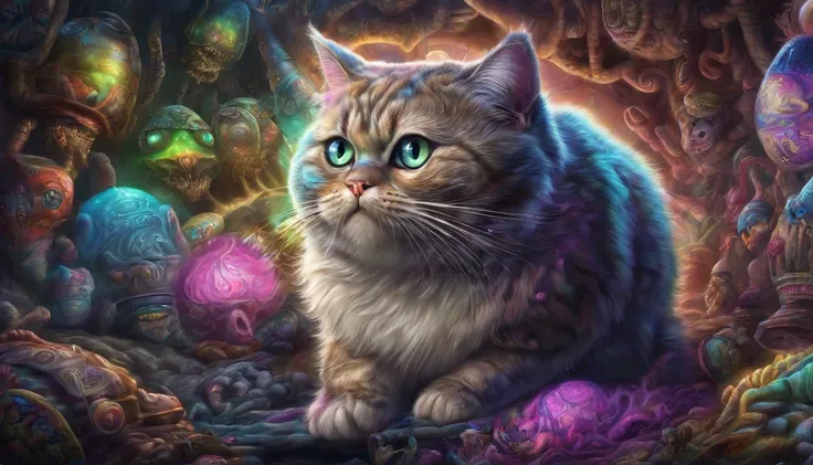 Fat Psychedelic cat, representation of mania, Vomiting crazed souls, glowing souls, gothic chesire