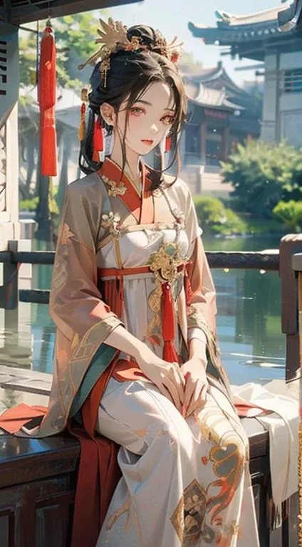 tmasterpiece，k hd，1girll，Gray hair，red color eyes，Hanfu，Wearing a golden cross on his head，Sit on flowers，Background with：Ancient Chinese imperial garden