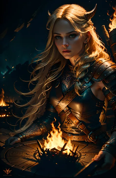 Movie poster, female viking warrior with viking style tattoo, long blonde hair, delicate face, night, great bonfire on background, leather outfit, rich details, intricate details, volumetric light, 16K, hyper realistic, realistic textures