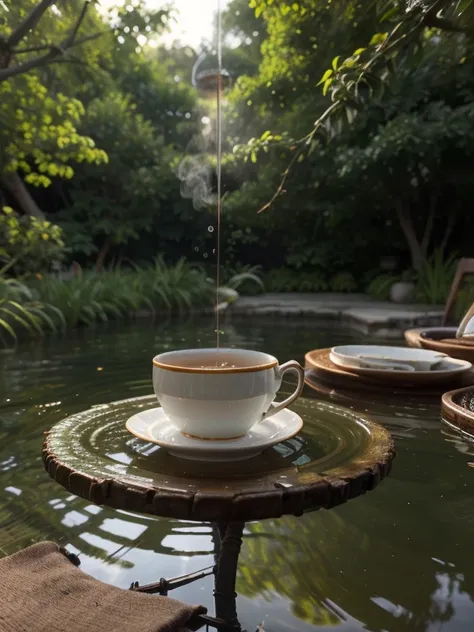 close-up, masterpiece, top-quality, Photorealsitic, A hyper-realistic, (Green tea to steam a teacup), ((Just below the surface of the water, you can see small, thin twigs floating vertically)), on an iron table in a beautiful backyard garden