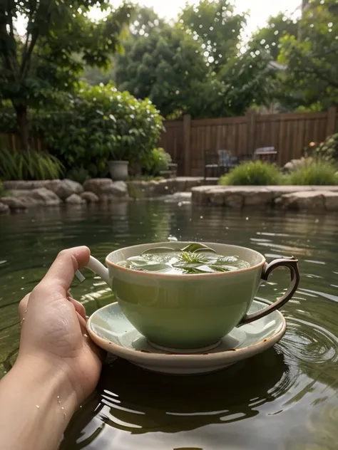 close-up, masterpiece, top-quality, Photorealsitic, A hyper-realistic, (Green tea to steam a teacup), ((Just below the surface of the water, you can see small, thin twigs floating vertically)), on an iron table in a beautiful backyard garden