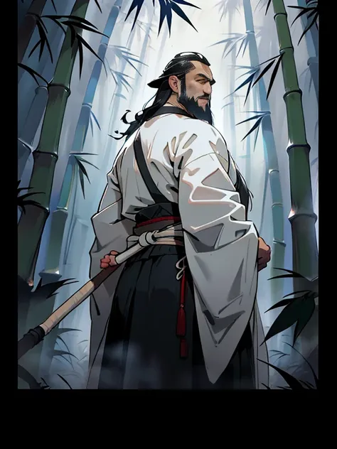 Deep in the bamboo forest, Chinese Ancient Times，raining day, A middle-aged male, 50yearsold, With a beard，long whitr hair，emaciated，dressed white hanfu, Standing in a bamboo forest, A hand touched his beard，Place one hand behind your back，look up to，Quiet...