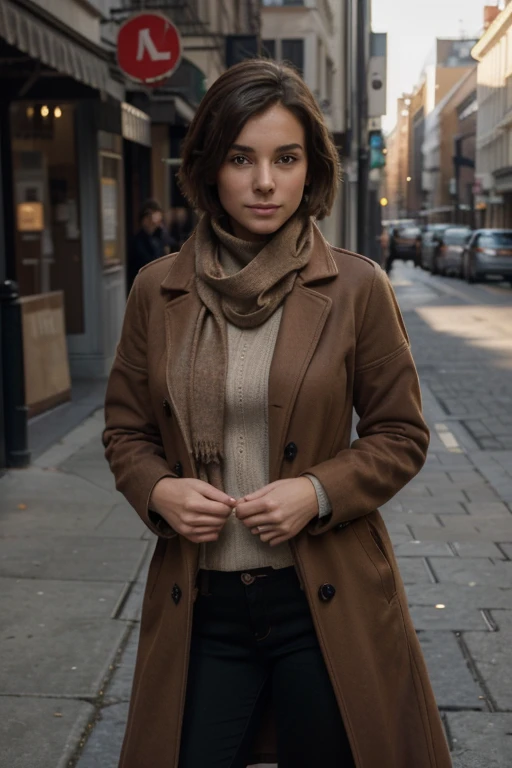 1girl, (brown long coat, turtleneck sweater, scarf), short hair, (dynamic pose:1.1), perfect anatomy, flawless face, perfect eyes, expresive eyes, look at viewer, 8K, photography, masterpiece, best quality, detailed, highly detailed, sharp focus, detailed ...