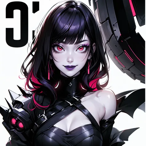 ((solo)). female character around 30 years old. mature body without many special attributes. wearing black clothing, a cyberpunk style outfit. she has a cheeky smile. red eyes. long purple hair with straight bangs. She wears eyeliner and black lipstick on ...