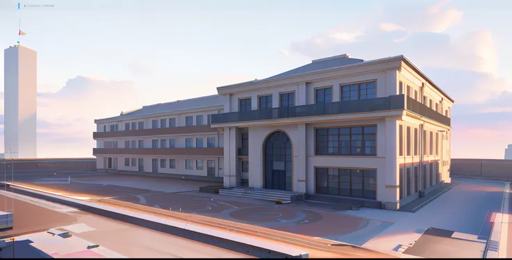 a rendering of a large white building with a lot of windows, architectural render, building facing, front perspective, rendered 3d model, neoclassical police station, rendered in lumion pro, architectural 3 d render, 3d rendered model, 3 d renders, low ang...