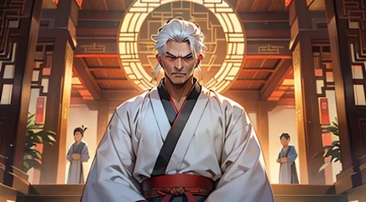 12, (1 person) The middle-aged man in black Hanfu attire, with white hair, middle-aged appearance, Black coat, black Hanfu attire, and white hair, Handsome, Sighed，The expression is complicated. (Background: Inside the sacred and magnificent ancient Chines...