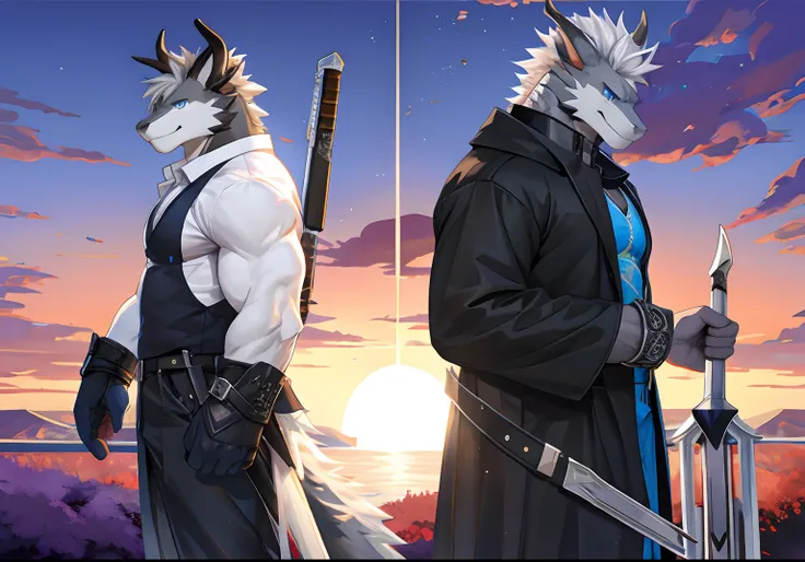 Two Furry Dragon, Gray and Black, Gray Medium Hair, Blue eyes and Purple eyes, Muscular, Holding Weapon, Good Looking, Handsome, Cool Pose.