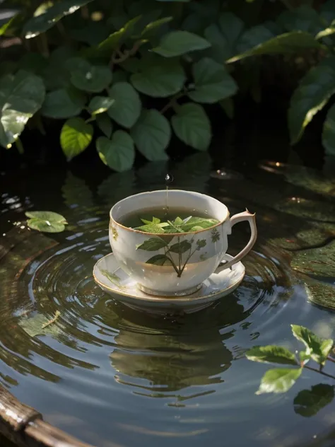 close-up, masterpiece, top-quality, Photorealsitic, A hyper-realistic, (Green tea to steam a teacup), ((Just below the surface of the water, you can see small, thin twigs floating vertically)), on an iron table in a beautiful backyard garden