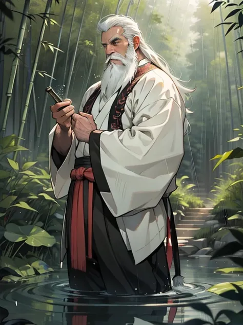 Deep in the bamboo forest, Chinese Ancient Times，raining day, A middle-aged male, 50yearsold, With a beard，long whitr hair，emaciated，dressed white hanfu, Standing in a bamboo forest, A hand touched his beard，Place one hand behind your back，look up to，Quiet...