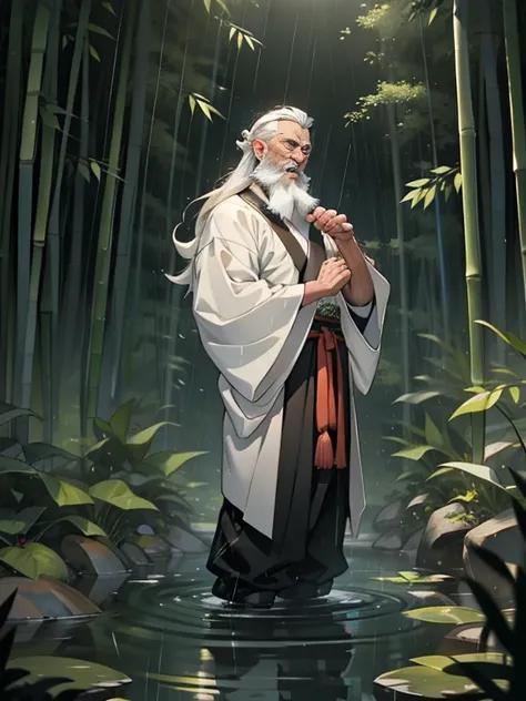 Deep in the bamboo forest, Chinese Ancient Times，raining day, A middle-aged male, 50yearsold, With a beard，long whitr hair，emaciated，dressed white hanfu, Standing in a bamboo forest, A hand touched his beard，Place one hand behind your back，look up to，Quiet...