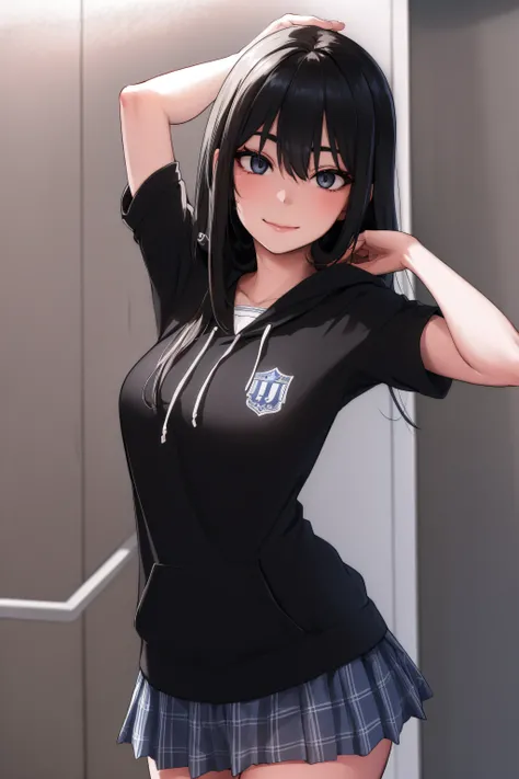 sakiyoshida, saki yoshida, long hair, hair between eyes, (black eyes:1.5), black hair,
BREAK school uniform, hoodie, bow, skirt,
BREAK indoors, classroom,
BREAK looking at viewer, (cowboy shot:1.5),armpits,arm up,seductive smile, 
BREAK (masterpiece:1.2), ...