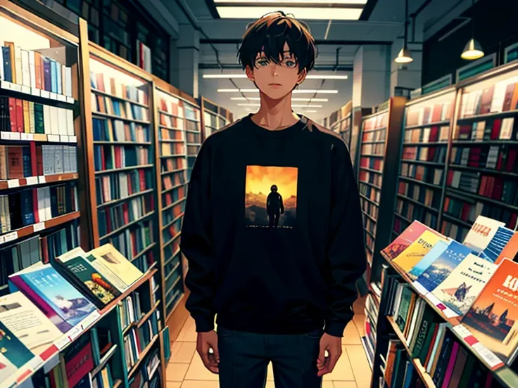 HD clear, best images, illustration quality, super detailed, a young man in a black casual sweatshirt, standing in a bookstore, bright background