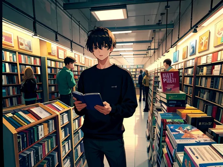 HD clear, best images, illustration quality, super detailed, a young man in a black casual sweatshirt, standing in a bookstore, bright background