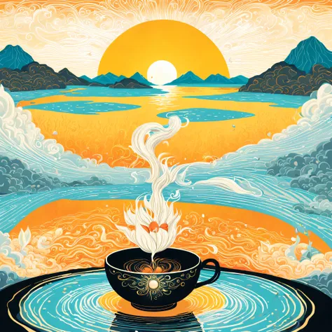 a being, radiating warmth and wisdom, gently sips hot tea from a delicate cup, sitting atop a flying lotus. as the lotus floats ...