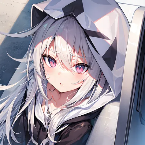 Silver-haired wolf hair。girl with。Sleepy half-open eyes。Lowered eyebrows。Dissatisfied lips。Wearing a large hoodie。