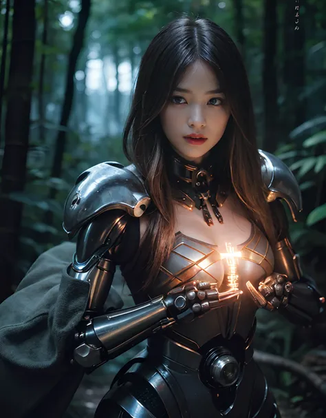 (1 Mechanical Girl)、top-quality、​masterpiece、超A high resolution、(Photorealsitic:1.4)、Raw photo、女の子1人、Fight mutants、glowy skin、(((1 Mechanical Girl)))、With a beautiful knife、（Red Metal Bodysuit）、(Fight goblings、ogre、Fierce battle with orcs),（Fight fiercely ...