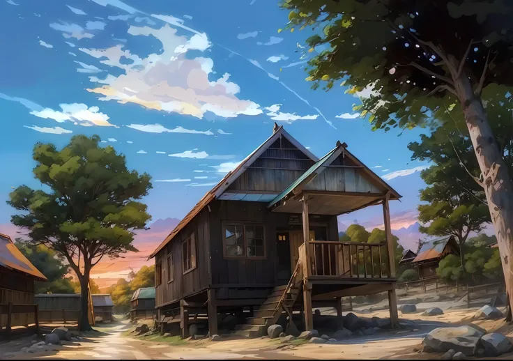 painting of a small cabin in the middle of a dirt road, style of makoto shinkai, indonesia traditional house, sunda house, paint...