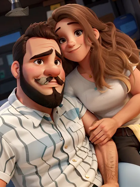 Casal qualidade alta, ele barba curta rosto magro, ela cabelo cacheados sorrindo, fundo de praia