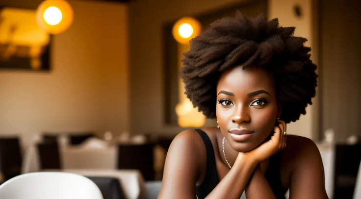 Une image modèle ethnique réaliste de la plus belle femme d’Afrique dans un restaurant, photographie, Portrait Style, Inspiré par les photographes de mode et de beauté, lentille: 50 mm, plan moyen, éclairage naturel, Résolution 8k --auto