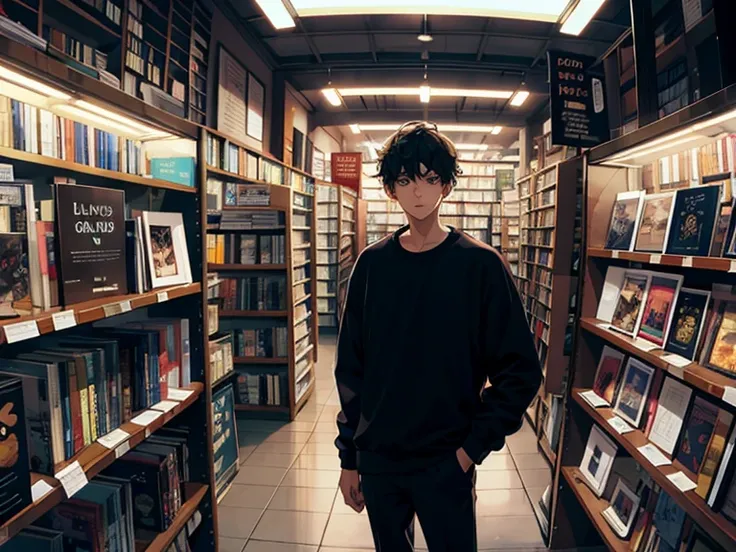 HD clear，Optimal image，Illustration quality，Super detailed，A young man wearing a black casual sweatshirt，Stand in a bookstore，darknesss background