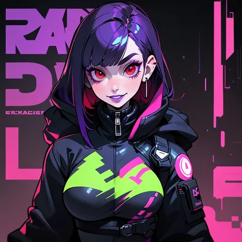 ((solo)). female character around 30 years old. mature body with large breasts. wearing black clothing, a cyberpunk style outfit. she has a cheeky smile. red eyes. long purple hair with straight bangs. She wears eyeliner and black lipstick on her lips. she...