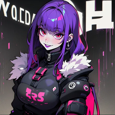 ((solo)). female character around 30 years old. mature body with large breasts. wearing black clothing, a cyberpunk style outfit. she has a cheeky smile. red eyes. long purple hair with straight bangs. She wears eyeliner and black lipstick on her lips. she...