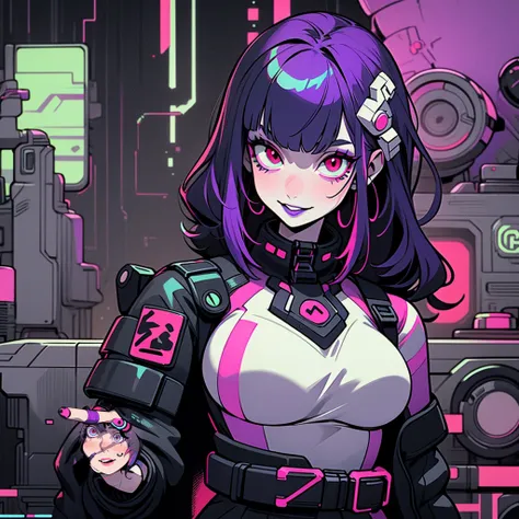 ((solo)). female character around 30 years old. mature body with large breasts. wearing black clothing, a cyberpunk style outfit. she has a cheeky smile. red eyes. long purple hair with straight bangs. She wears eyeliner and black lipstick on her lips. she...