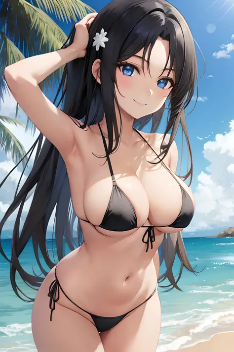 anime sexy girl standind on a grassy field under the sun at the beach, anime style, 1girl, solo, hands behind back, smile, close mouth, black hair, long hair, big breasts, beautiful blue eyes, heart, large breasts, one mole under mouth, sexy black bikini, ...