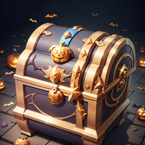 superb, realistic, treasure chest, halloween treasure chest, bat pattern, pumpkin logo --v6