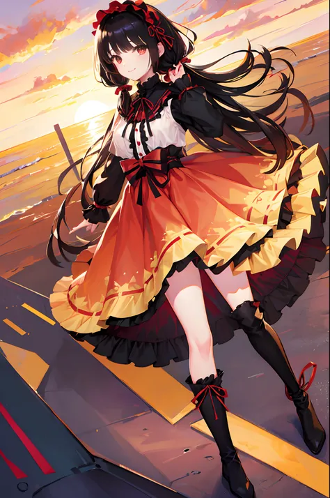 Black hair、long-haired twin-tails、Red right eye、The left eye is golden、Red dress、odd eye、Black tights that dont show bare feet、Black long boots、Smiling、delicate finger、moonlights、natta、Graceful behavior、Kyozo Tokizaki、Red ribbon around the belly、Black and ...