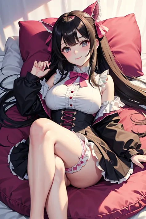 8K、Best Quality、sleeps in a bed、A dark-haired、Twin-tailed、Large pink ribbon、delicated face、Sareme、glares、、blushed face、Pink blouse with a lot of frills、Black mini skirt with lace、beauty legs、Striped lace tights、Black thick-soled pumps、Seductive thighs、Colo...