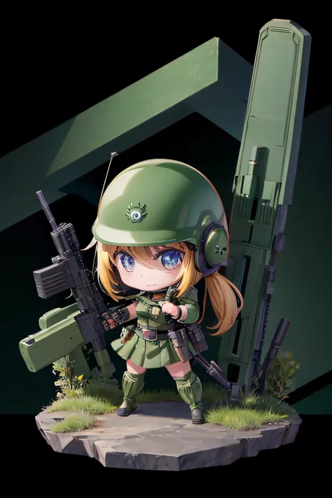 Anime chibi girl with machine gun, Green Military, helmet